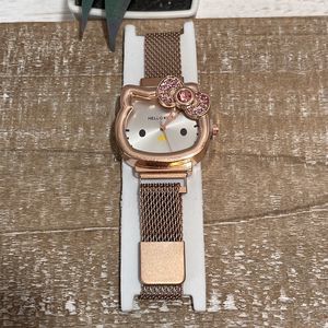 HELLO KITTY Pink Rhinestone Rose Gold Tone Watch with Adjustable Mesh Band